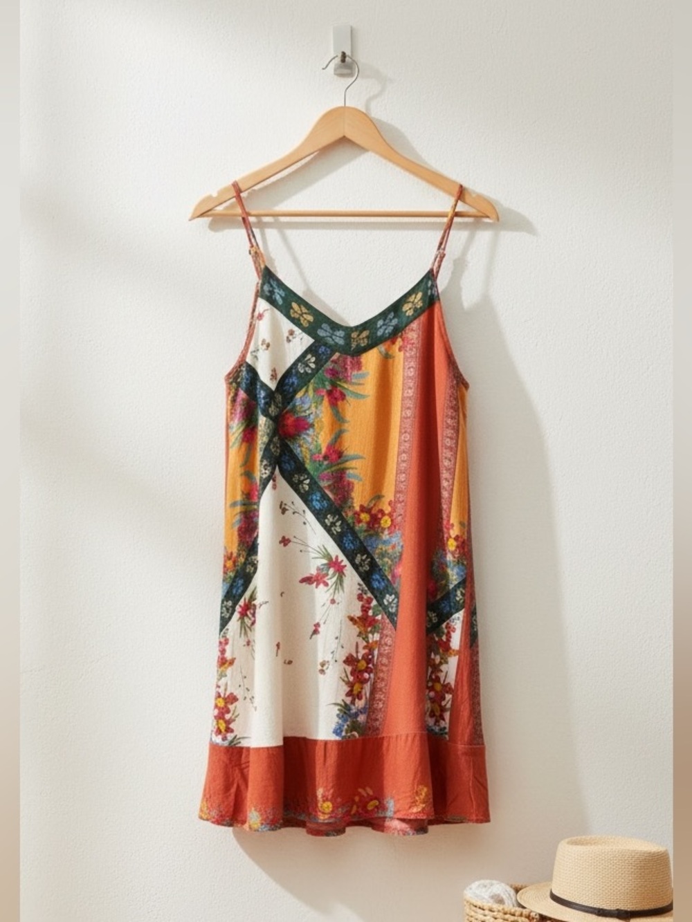 California Moonrise Boho Patchwork Floral Rayon Y2K Slip Dress - Size M